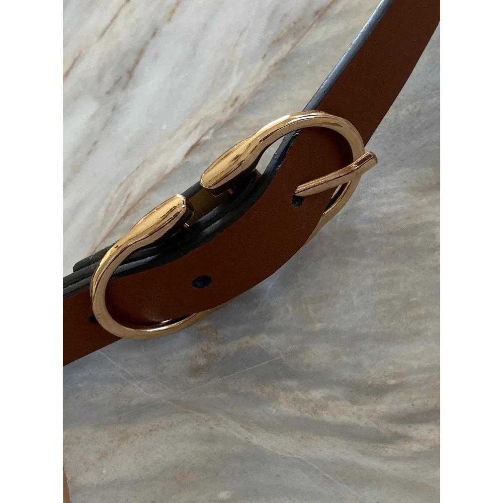 Steve Madden Cognac Brown Faux Leather Belt Gold Oval Buckle Slim Classic 40in